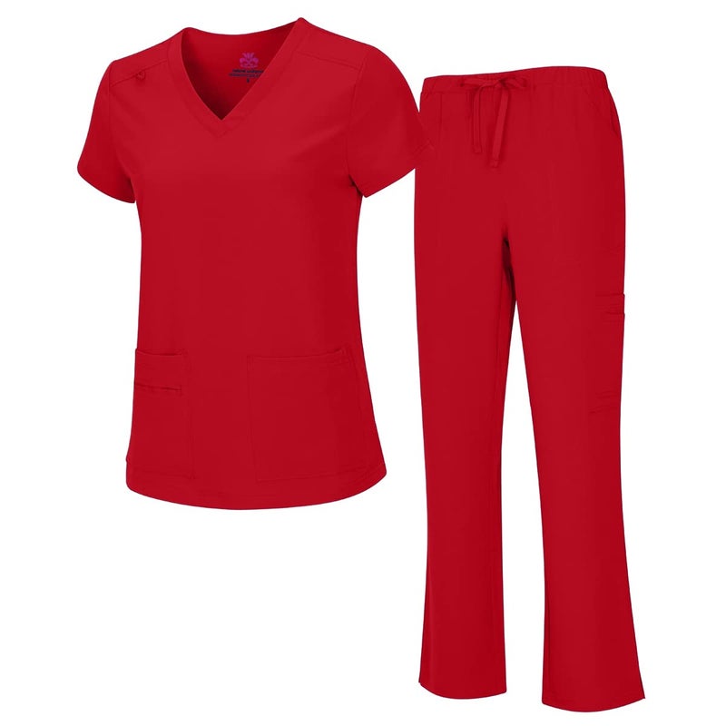 Natural Uniforms Womens Cool Stretch VNeck Top and Cargo Pant Set Red XXLarge