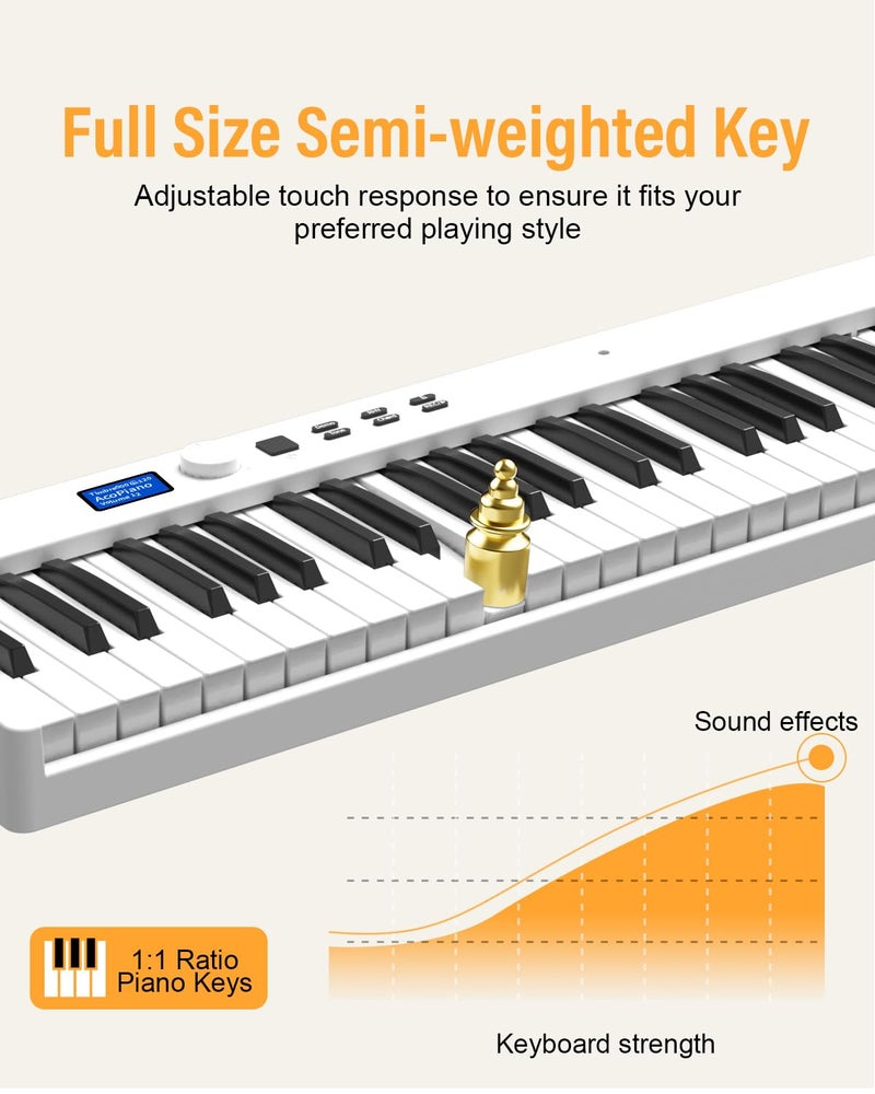 KONIX Folding Piano Keyboard, 88 Keys Full Size Semi Weighted Foldable Piano, Portable Electronic Keyboard Piano with Light Up Keys, Sustain Pedal, Keyboard Stickers, Music Stand and Piano Bag, White - Image 2