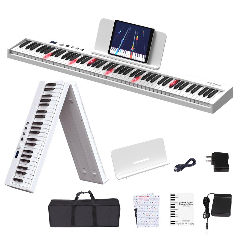 KONIX Folding Piano Keyboard, 88 Keys Full Size Semi Weighted Foldable Piano, Portable Electronic Keyboard Piano with Light Up Keys, Sustain Pedal, Keyboard Stickers, Music Stand and Piano Bag, White - Image 1