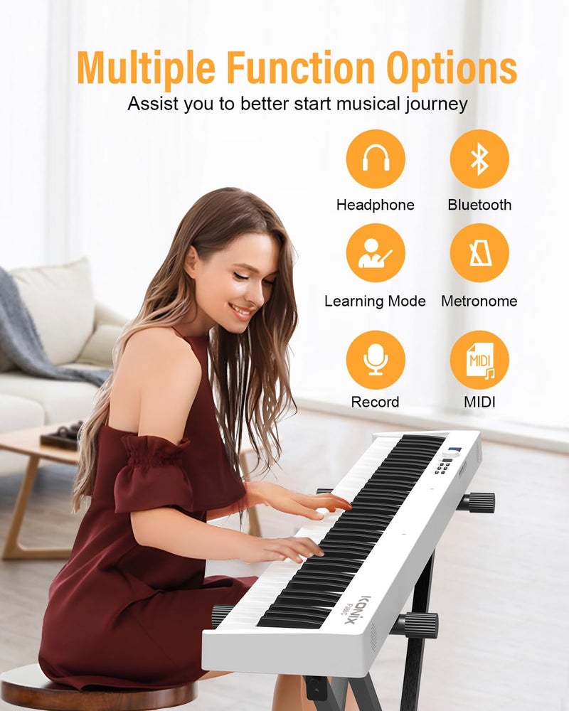 KONIX Folding Piano Keyboard, 88 Keys Full Size Semi Weighted Foldable Piano, Portable Electronic Keyboard Piano with Light Up Keys, Sustain Pedal, Keyboard Stickers, Music Stand and Piano Bag, White - Image 4
