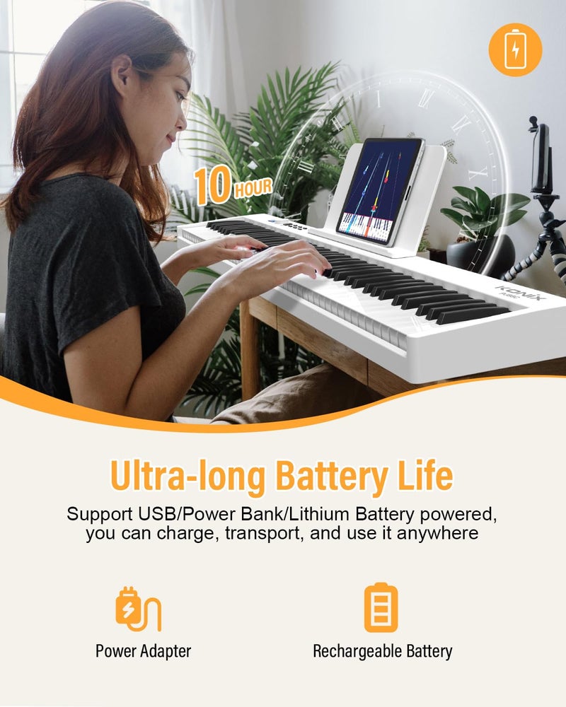 KONIX Folding Piano Keyboard, 88 Keys Full Size Semi Weighted Foldable Piano, Portable Electronic Keyboard Piano with Light Up Keys, Sustain Pedal, Keyboard Stickers, Music Stand and Piano Bag, White - Image 5