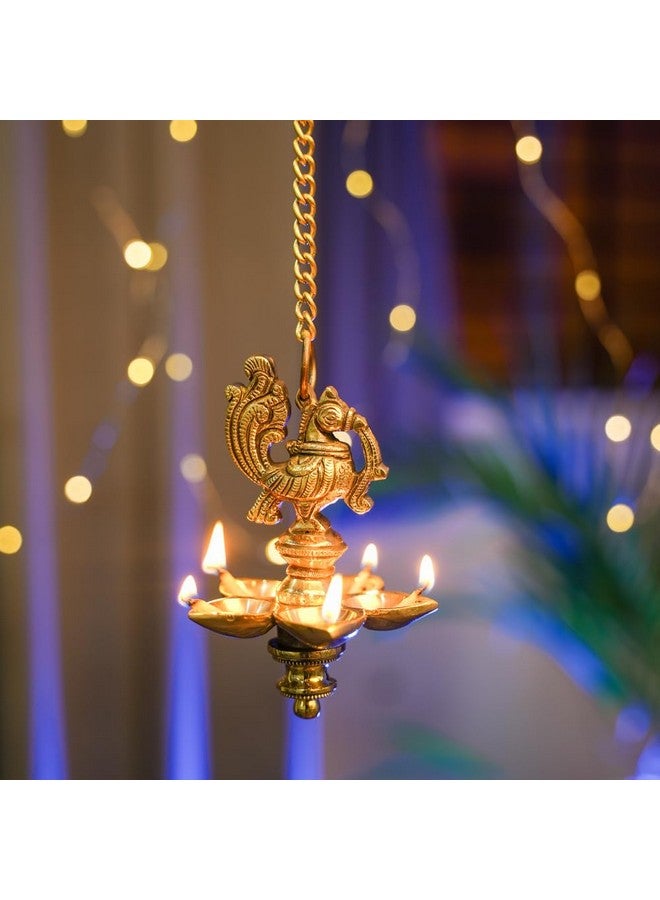 Bhimonee Decor بهي موني ديكور | مصباح معلق يدوي التصميم بنمط الطاووس الصغير 5 فتائل زيت نحاسي | مصابيح نحاسية للزينة | حجم متوسط | عبوة من 1 | عناصر زخرفية معلقة - Image 1