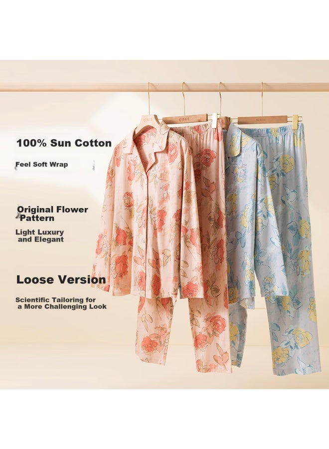 Top melon Dingguagua Top-quality Women's Pajamas, Spring And Autumn Pure Cotton, Open-front Long-sleeve, Wearable Outside, Home Loungewear Set, Late Orange, L(165) - Image 3
