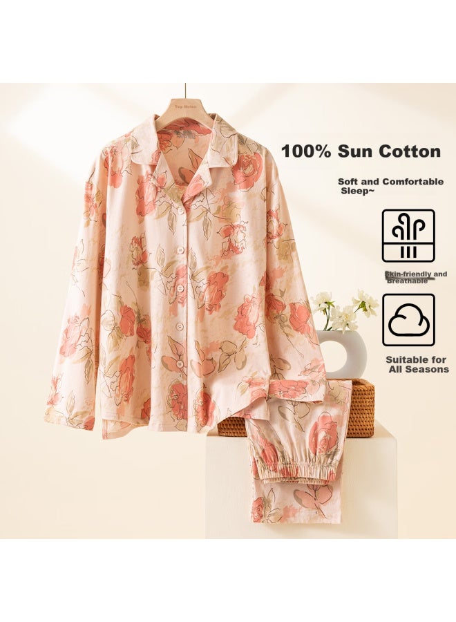 Top melon Dingguagua Top-quality Women's Pajamas, Spring And Autumn Pure Cotton, Open-front Long-sleeve, Wearable Outside, Home Loungewear Set, Late Orange, L(165) - Image 2