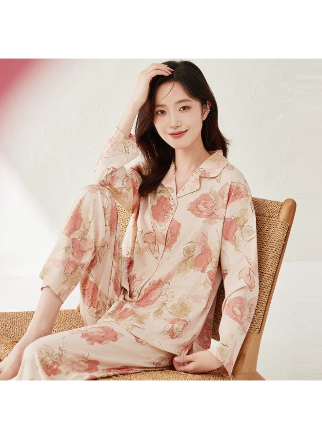 Top melon Dingguagua Top-quality Women's Pajamas, Spring And Autumn Pure Cotton, Open-front Long-sleeve, Wearable Outside, Home Loungewear Set, Late Orange, L(165) - Image 1