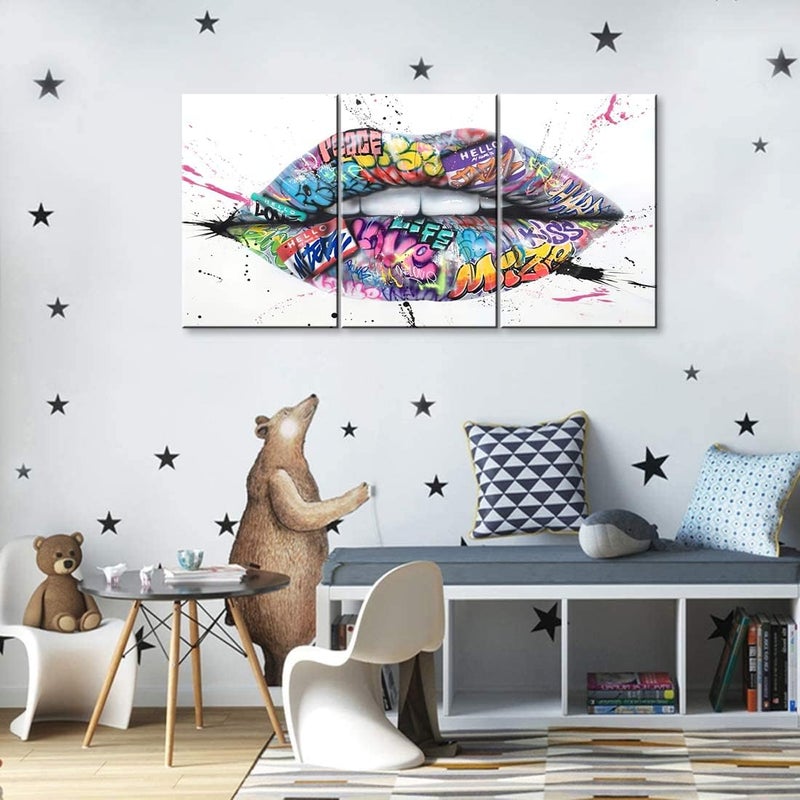 Mistyefly 3 Piece Graffiti Wall Art Lips Decor Colorful Wall Art Pop Art Decor Graffiti Poster Lips Canvas Wall Art Graffiti Wall Decor Framed Street Graffiti Art for Bedroom Decor - Image 5