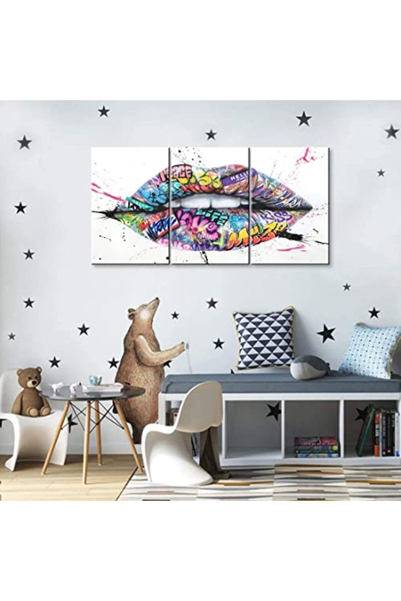 Mistyefly 3 Piece Graffiti Wall Art Lips Decor Colorful Wall Art Pop Art Decor Graffiti Poster Lips Canvas Wall Art Graffiti Wall Decor Framed Street Graffiti Art for Bedroom Decor - Image 3
