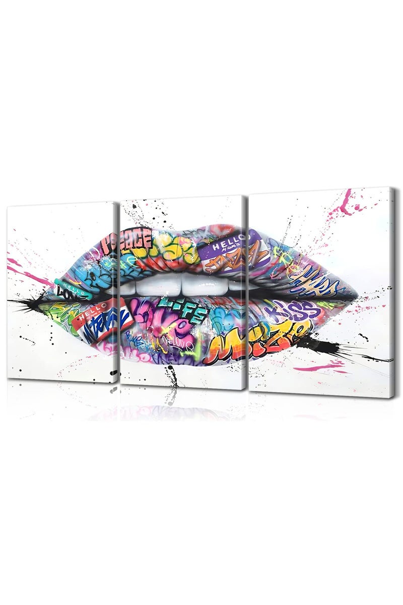 Mistyefly 3 Piece Graffiti Wall Art Lips Decor Colorful Wall Art Pop Art Decor Graffiti Poster Lips Canvas Wall Art Graffiti Wall Decor Framed Street Graffiti Art for Bedroom Decor - Image 1