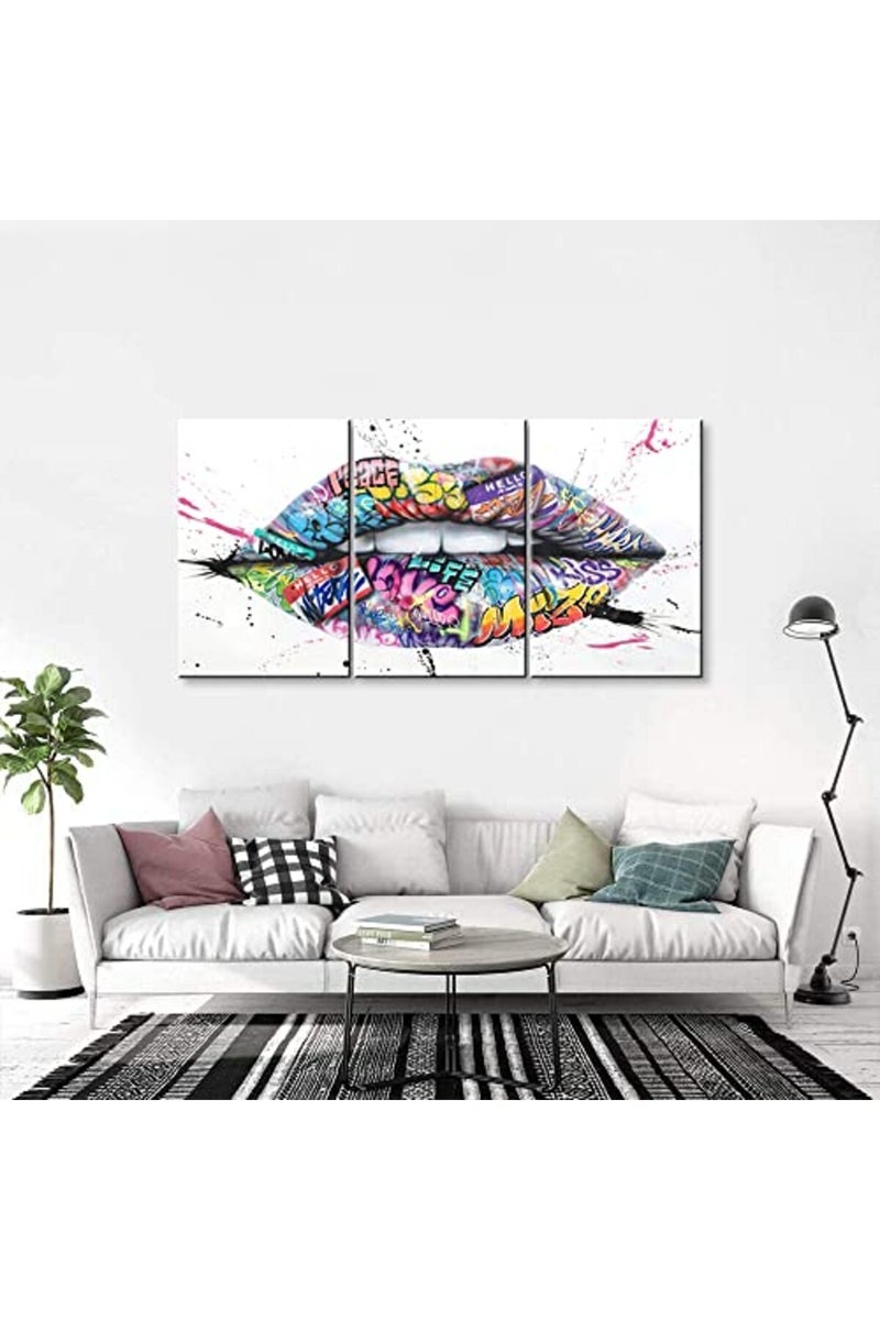Mistyefly 3 Piece Graffiti Wall Art Lips Decor Colorful Wall Art Pop Art Decor Graffiti Poster Lips Canvas Wall Art Graffiti Wall Decor Framed Street Graffiti Art for Bedroom Decor - Image 2