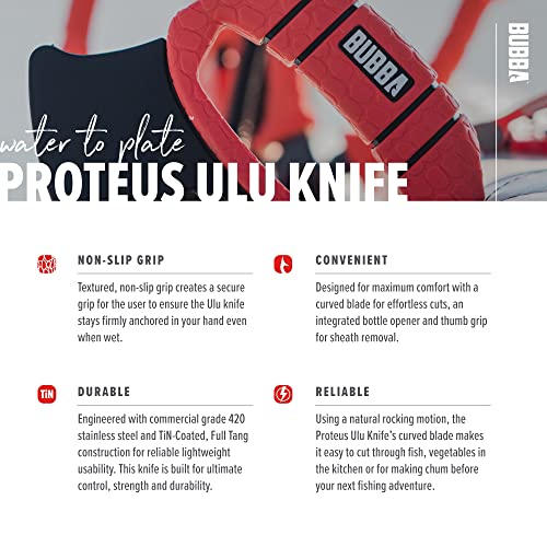 BUBBA ULU Knife with Non-Slip Grip Handle, Curved Blade, Integrated Bottle Opener and Sheath, Red - Image 4