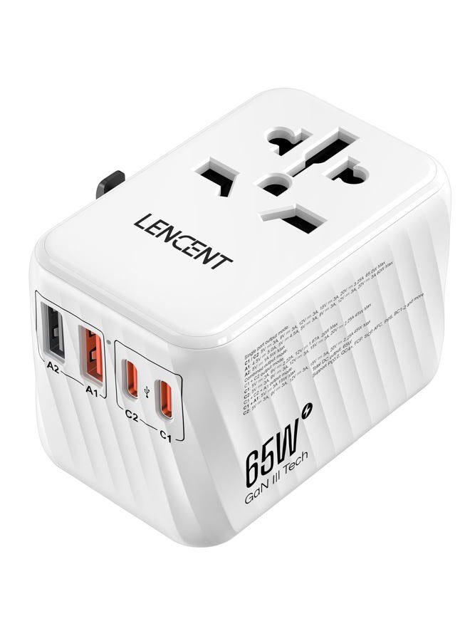 Lencent Universal Travel Adapter, 65W GaN International Fast Charger with 2 PD3.0 Type C+2 QC4.0 USB A, Worldwide Power Adaptor for Phones,Laptops, All in One Travel Essentials for EU/USA/UK/AU, White - Image 1