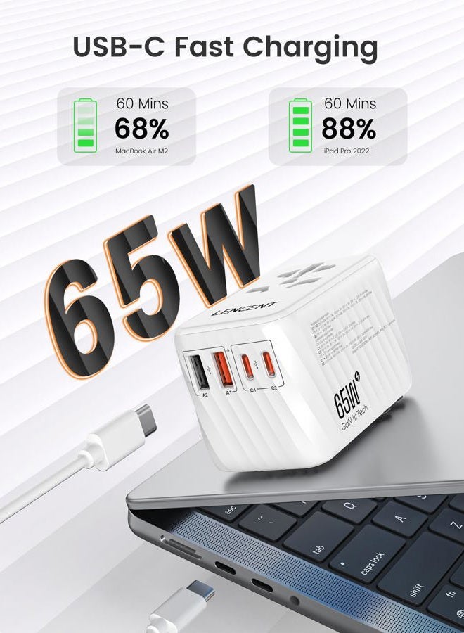 Lencent Universal Travel Adapter, 65W GaN International Fast Charger with 2 PD3.0 Type C+2 QC4.0 USB A, Worldwide Power Adaptor for Phones,Laptops, All in One Travel Essentials for EU/USA/UK/AU, White - Image 2