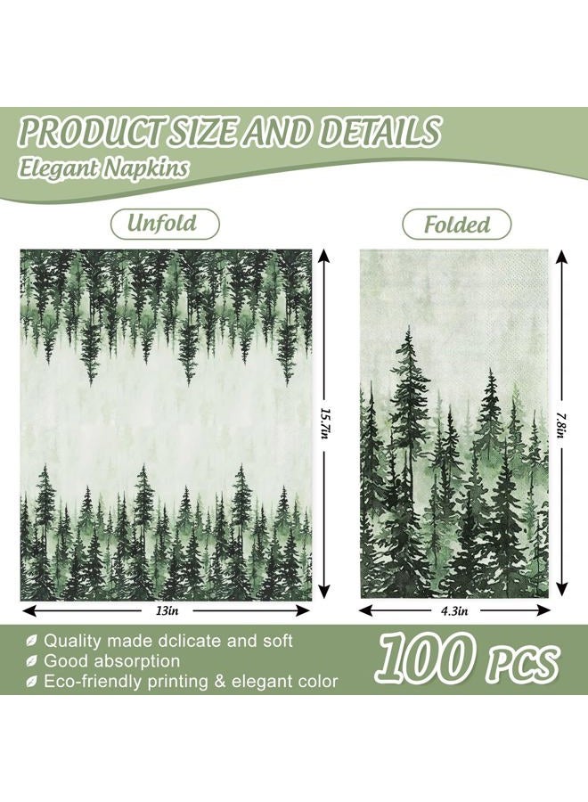 JarThenaAMCS 100Pcs Green Misty Forest Guest Napkin Woodland Disposable Paper Pine Tree Dinner Hand Towel Napkin for Home Kitchen Bathroom Holiday Party Supplies - Image 2
