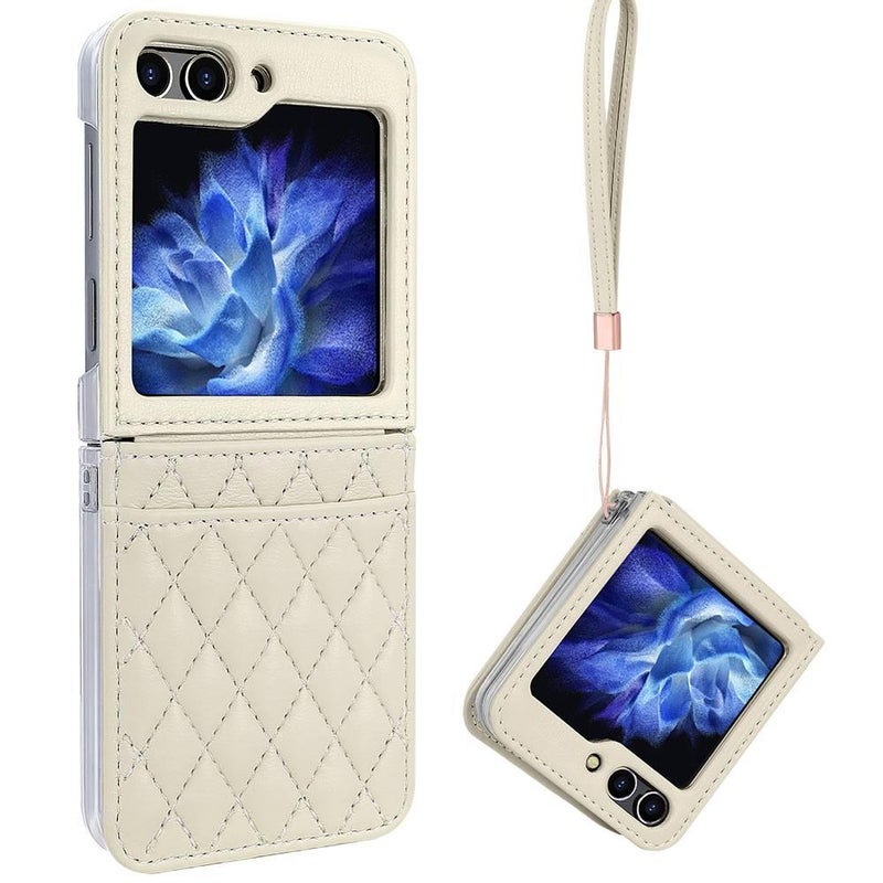 Protective PU for Samsung Galaxy Z Flip 7 with Lanyard and Card Holder in White for Personal Use - Image 1