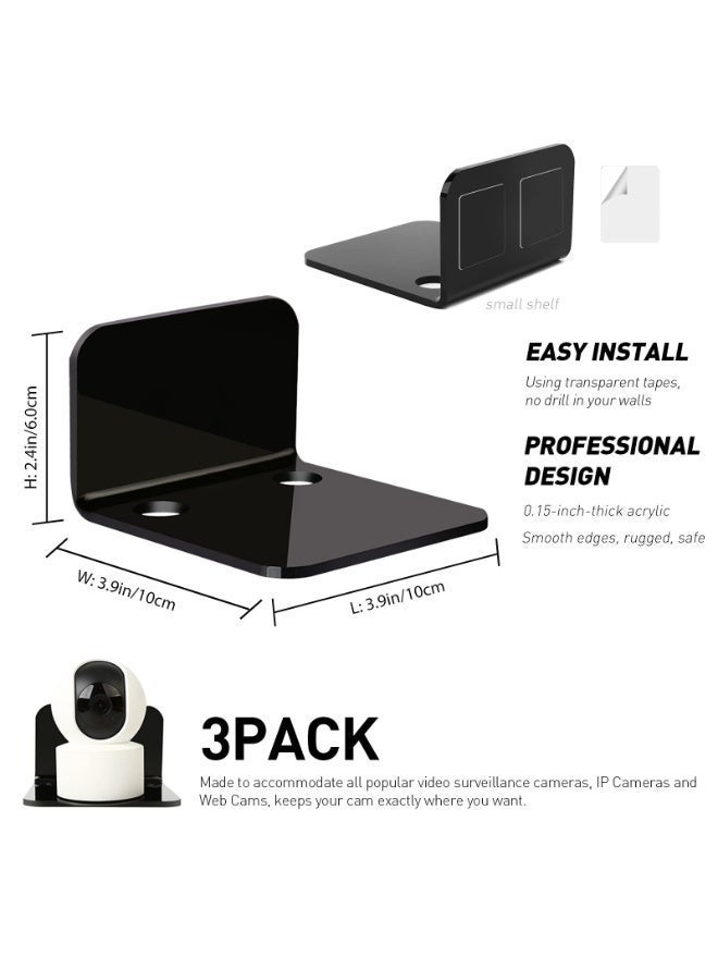 KISSUN Acrylic Floating Wall Shelves Set of 3, Drill Free with10 Piece Strong Tapes - Universal Small Adhesive Shelf for Security Cameras, Baby Monitors with Cable Clips (Black) - Image 2