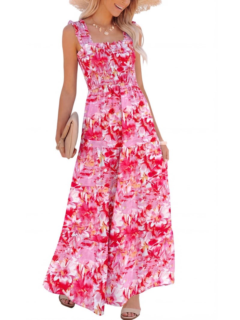 Caracilia Womens Summer Maxi Dresses Floral Smocked Sleeveless Ruffle Boho Casual Flowy Aline Beach Vacation Long Sundress Rose Red Floral S - Image 1