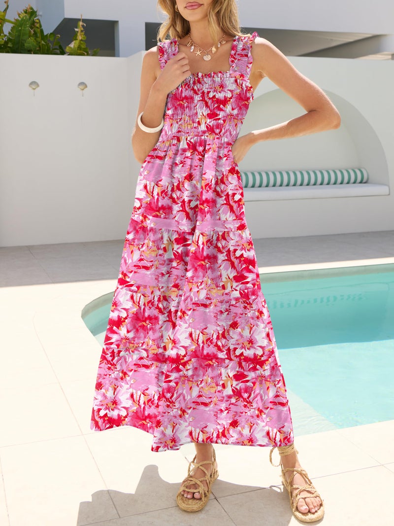 Caracilia Womens Summer Maxi Dresses Floral Smocked Sleeveless Ruffle Boho Casual Flowy Aline Beach Vacation Long Sundress Rose Red Floral S - Image 5