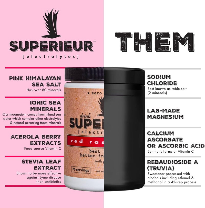 Superieur Electrolytes  Plant Based Electrolyte Supplement wSea Minerals for Hydration  Recovery  Keto Friendly NonGMO Zero Sugar Vegan Healthy Sports Drink Powder  Raspberry 70 Servings - Image 2