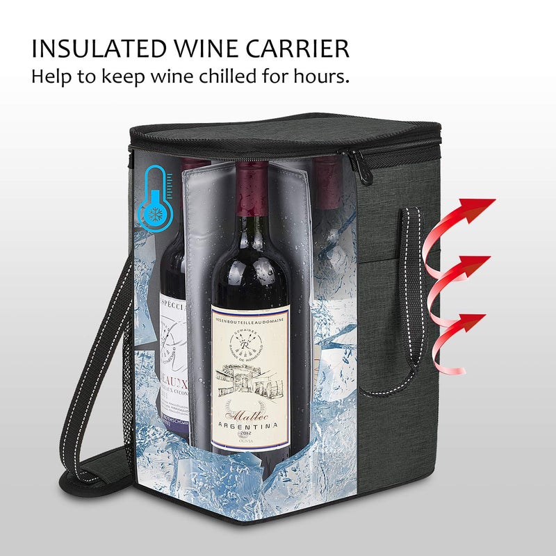 Tirrinia 6 Bottle Wine Gift carrier - Insulated & Padded Wine Carrying Cooler Tote Bag with Handle and Adjustable Shoulder Strap for Travel or Picnic, IDEAL Wine Lover Gift, Black - Image 3