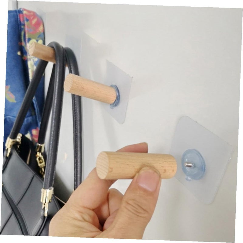 SHERCHPRY 12pcs Multipurpose Traceless Adhesive Wall Storage Hooks Beech Wood 5cm Self Adhesive Hooks for Hanging Clothes Towels Bathroom Kitchen Door Mount - Image 4