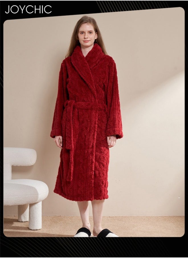 Joychic Autumn and Winter Jacquard Coral Velvet Thickened Warm Pajamas for Women Fashion Green Fruit Collar Long-Sleeved Skin-friendly Bedroom Sleep Robe with Pockets Wine Red  - Image 1