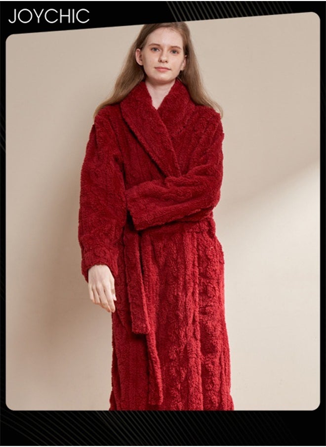 Joychic Autumn and Winter Jacquard Coral Velvet Thickened Warm Pajamas for Women Fashion Green Fruit Collar Long-Sleeved Skin-friendly Bedroom Sleep Robe with Pockets Wine Red  - Image 2