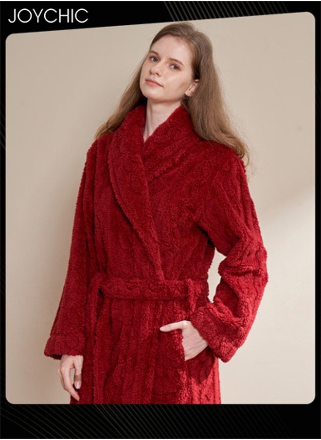 Joychic Autumn and Winter Jacquard Coral Velvet Thickened Warm Pajamas for Women Fashion Green Fruit Collar Long-Sleeved Skin-friendly Bedroom Sleep Robe with Pockets Wine Red  - Image 3