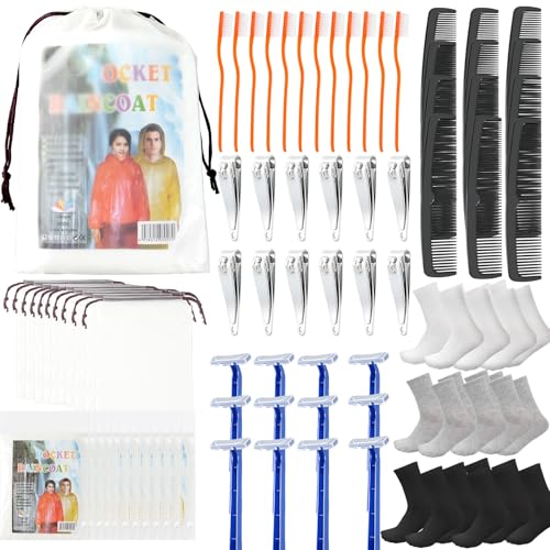 linastu 84 Pcs Homeless Care Package Supplies Bulk Hygiene Kits with Nail Clipper Prepasted Disposable Toothbrushes Razors Ponchos Combs Socks Drawstring Bags Ideal Charity or Personal Travel Package - Image 1