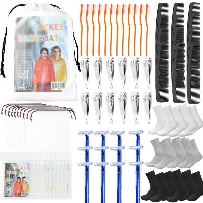 linastu 84 Pcs Homeless Care Package Supplies Bulk Hygiene Kits with Nail Clipper Prepasted Disposable Toothbrushes Razors Ponchos Combs Socks Drawstring Bags Ideal Charity or Personal Travel Package - Image 2