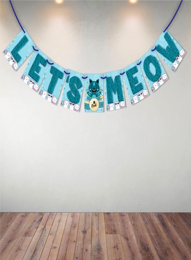 WOBBOX Cat Birthday Decoration "Let's Meow" Blue Bunting Banner, Kitty Birthday Decoration Items - Image 1