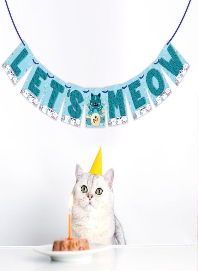 WOBBOX Cat Birthday Decoration "Let's Meow" Blue Bunting Banner, Kitty Birthday Decoration Items - Image 5