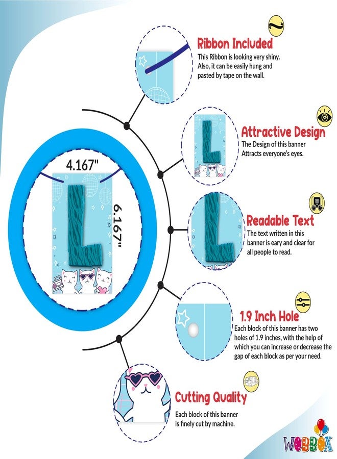WOBBOX Cat Birthday Decoration "Let's Meow" Blue Bunting Banner, Kitty Birthday Decoration Items - Image 2
