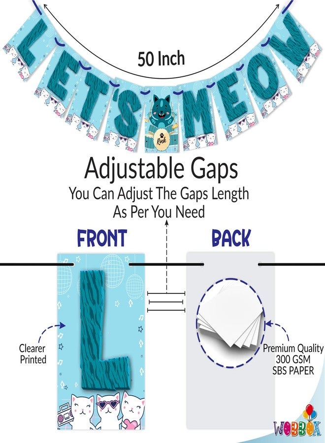 WOBBOX Cat Birthday Decoration "Let's Meow" Blue Bunting Banner, Kitty Birthday Decoration Items - Image 3