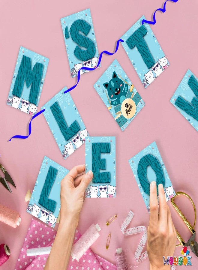 WOBBOX Cat Birthday Decoration "Let's Meow" Blue Bunting Banner, Kitty Birthday Decoration Items - Image 4