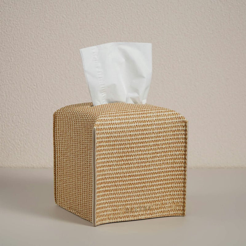 OLETHA Square Tissue Box Cover  Aesthetic Desk Decor for Room Home  Office  Tissues Cube Boxes Holder  Rattan Textured