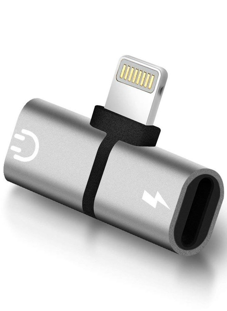 2 in 1 Mini Portable Metal Splitter Lightning Audio Charger Adapter for iPhone X 7 8 Plus (Silver)  - Image 1