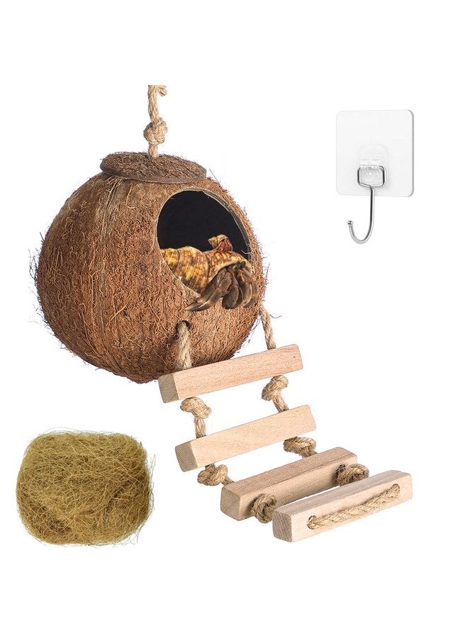 HERCOCCI Gecko Tank Accessories, Hermit Crab Toys Coconut Shell Natural Coconut Husk Hut with Climbing Ladder with Suction Cup for Leopard Gecko Snake Reptiles - Image 1