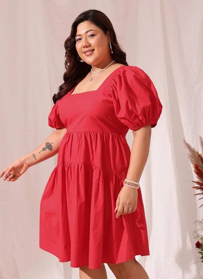 CURVY STREET Red Puff Sleeve A-Line Dress for Women