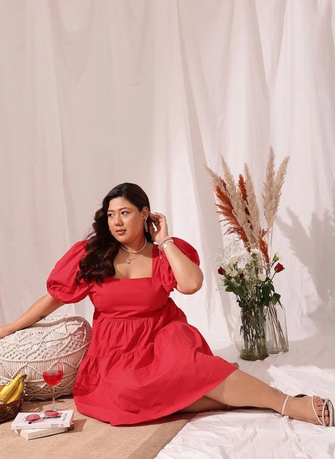 CURVY STREET Red Puff Sleeve A-Line Dress for Women