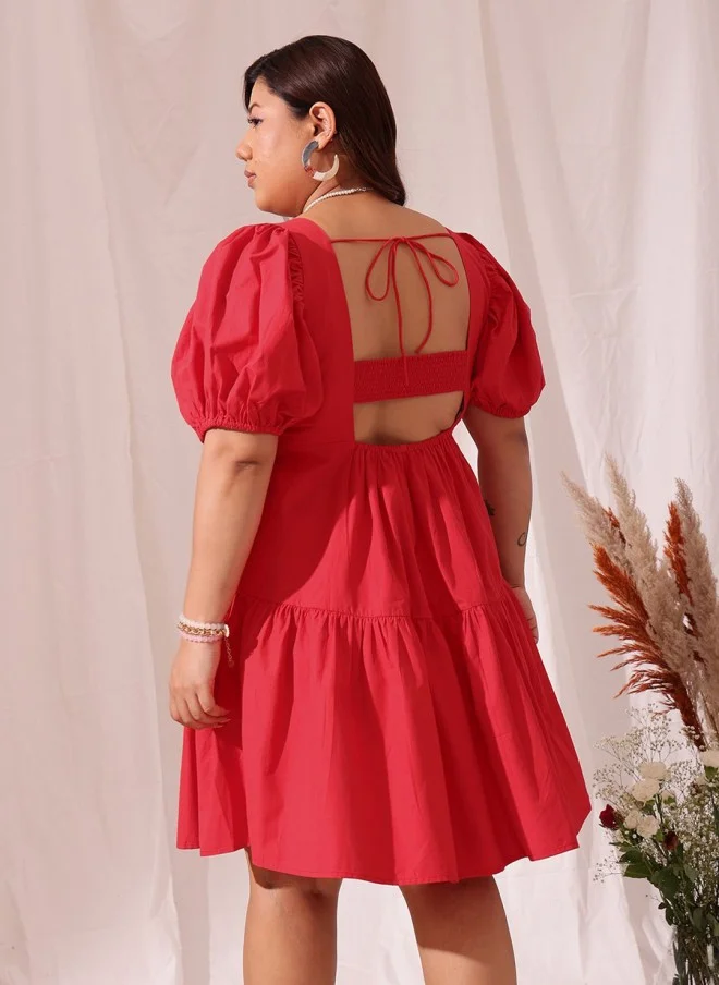 CURVY STREET Red Puff Sleeve A-Line Dress for Women
