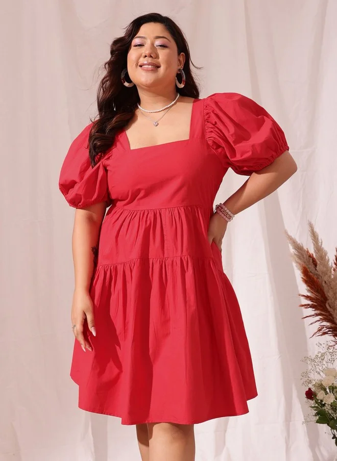CURVY STREET Red Puff Sleeve A-Line Dress for Women