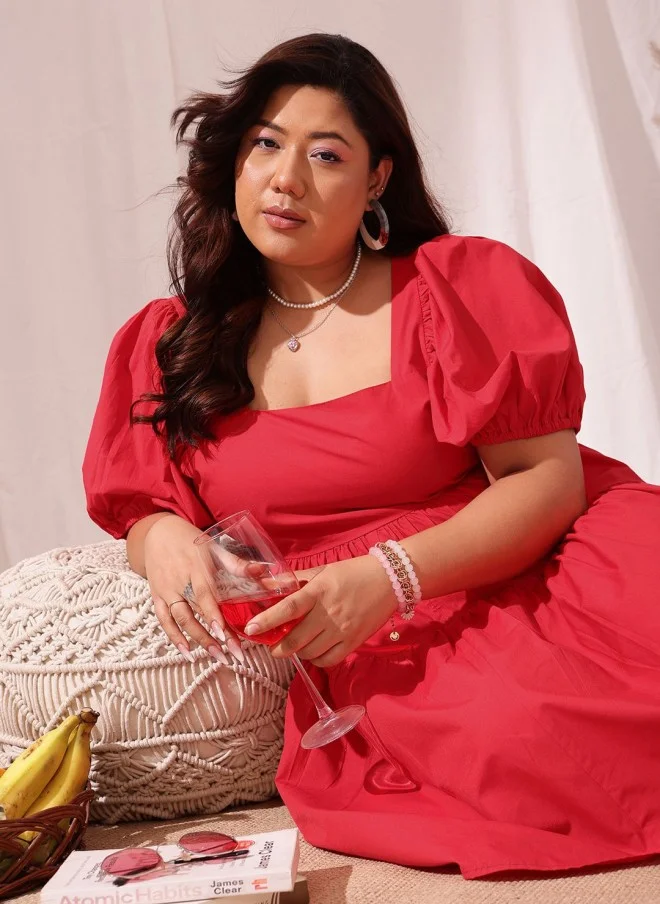CURVY STREET Red Puff Sleeve A-Line Dress for Women