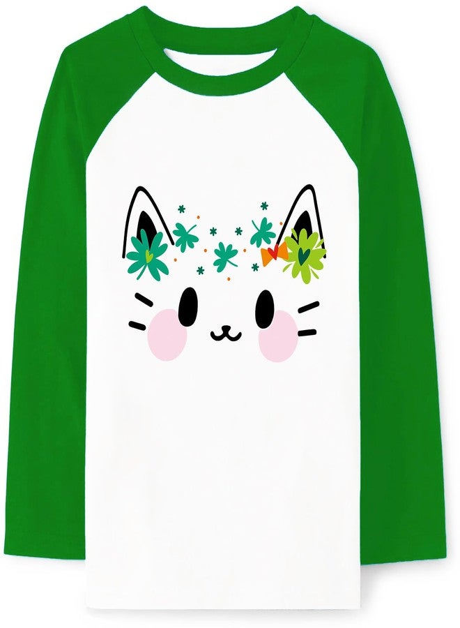 Tkria Toddler Girl's St Patricks Shirt Raglen Long Sleeve Meow Head Green Clover Shamrock Tshirt Outfit Clothes Kids Tops 4T - Image 1