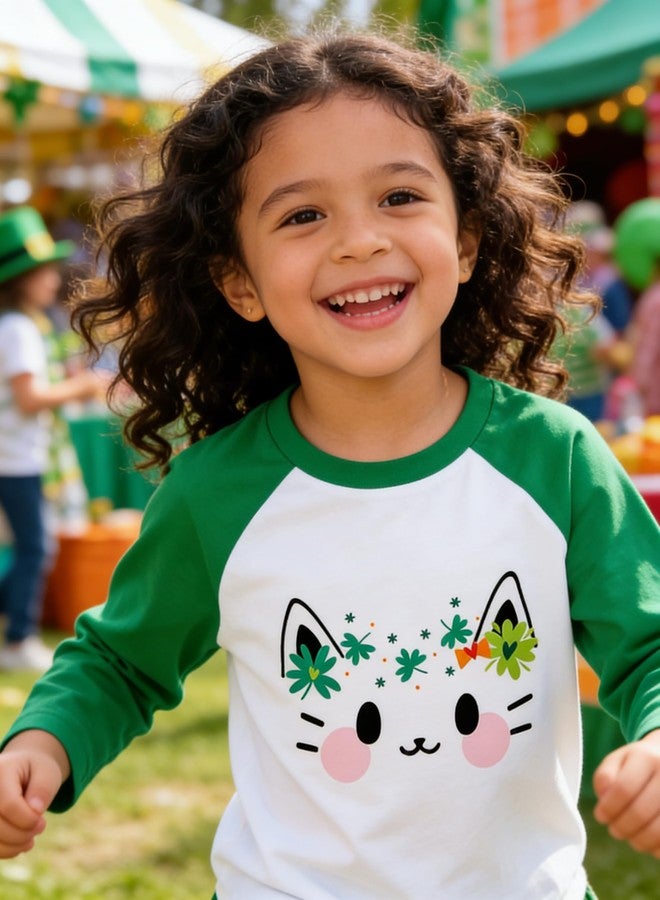 Tkria Toddler Girl's St Patricks Shirt Raglen Long Sleeve Meow Head Green Clover Shamrock Tshirt Outfit Clothes Kids Tops 4T - Image 3