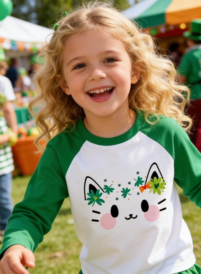 Tkria Toddler Girl's St Patricks Shirt Raglen Long Sleeve Meow Head Green Clover Shamrock Tshirt Outfit Clothes Kids Tops 4T - Image 2