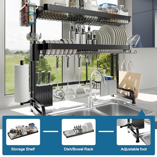 LIVOD Over The Sink Dish Drying Rack,3 Tier Adjustable Length Full Stainless Steel Large Storage Kitchen Dish Rack,for Kitchen Counter Expandable Multifunctional Organizers,Silver(25.5'' to 37.4'') - Image 5