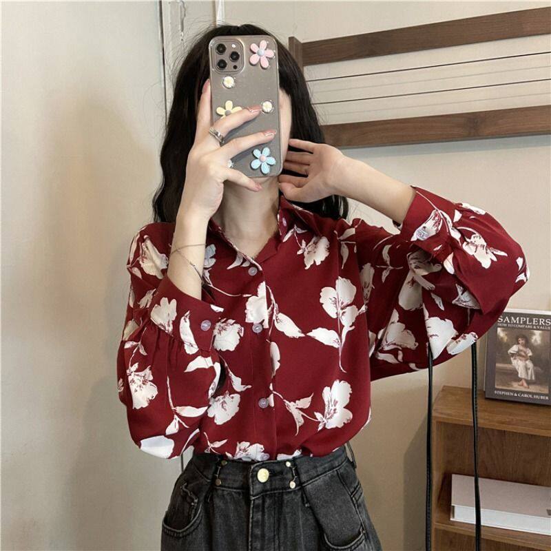 Annual meeting performance green travel photo retro Hong Kong style print long-sleeved shirt spring and autumn fashion Christmas performance shirt - Image 1