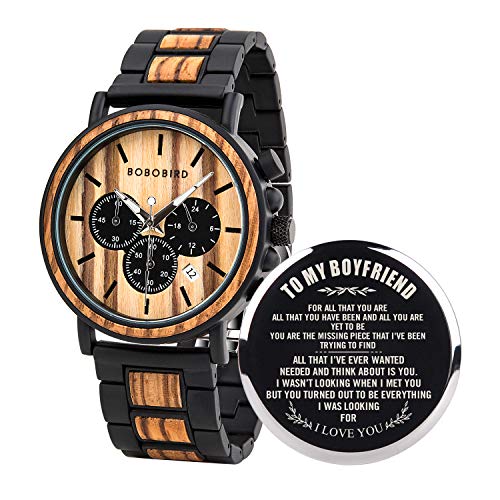 BOBO BIRD Mens Personalized Engraved Wooden Watche, Stylish Wood & Stainless Steel Combined Quartz Casual Wristwatches for Men Family Friends Customized Watch (A-for Boyfriend) - Image 1