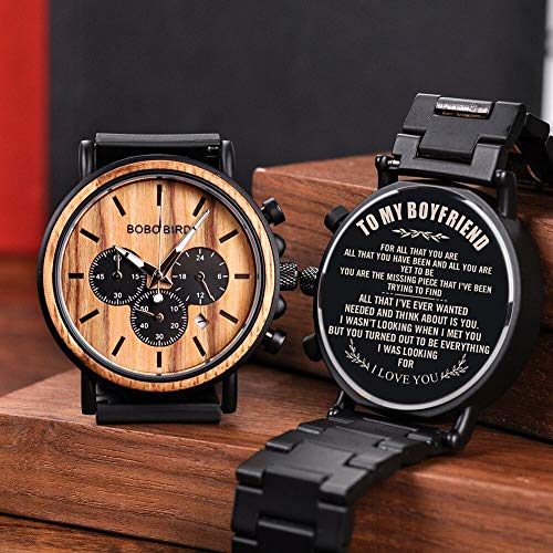 BOBO BIRD Mens Personalized Engraved Wooden Watche, Stylish Wood & Stainless Steel Combined Quartz Casual Wristwatches for Men Family Friends Customized Watch (A-for Boyfriend) - Image 2