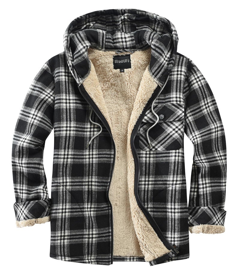 Elesuit Mens Full Zip Fleece Flannel Jackets Shirt Plaid Cotton Hoodies Soft Warm Coat for Men with Hood Black Medium